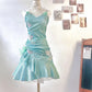 Fashion Mint Green Sparkling Sequin Spaghetti Strap Ruffled Hem Short 16th Birthday Party Dress Homecoming Dress D1529