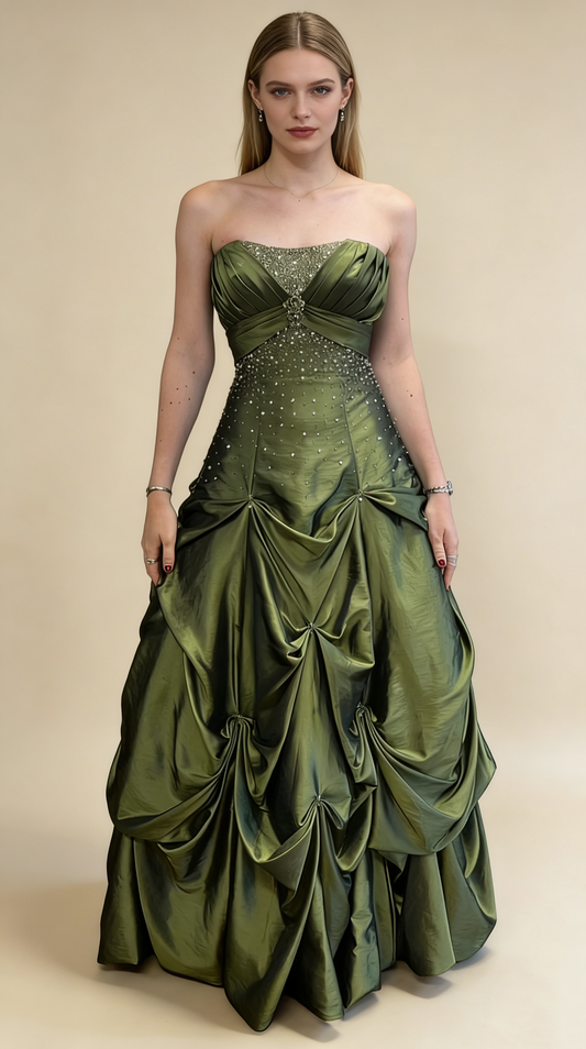 Robe de soirée vintage bustier à perles, coupe trapèze, verte, robe de bal, robe d'anniversaire, MD7632