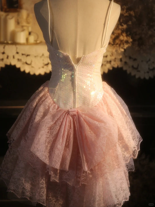 Stunning Homecoming Dress Spaghetti Strap Lace Sequins Dress Back to School Outfits Party Dress  D6404