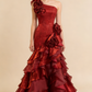 Vintage One-Shoulder 3D Floral Etuikleid Stufenschleppe Abendkleid Brautkleid D1764