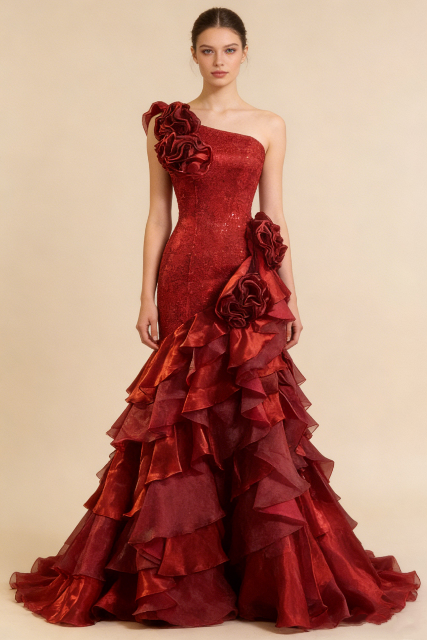 Vintage One-Shoulder 3D Floral Etuikleid Stufenschleppe Abendkleid Brautkleid D1764