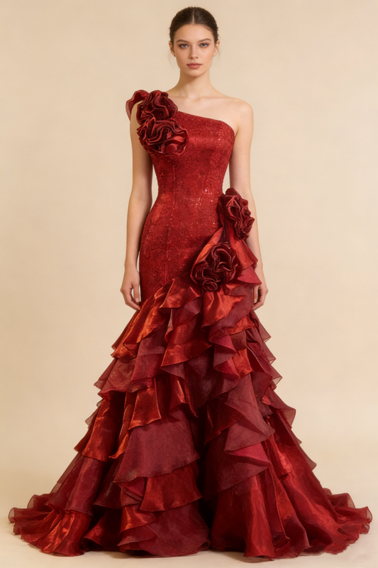Vintage One-Shoulder 3D Floral Etuikleid Stufenschleppe Abendkleid Brautkleid D1764