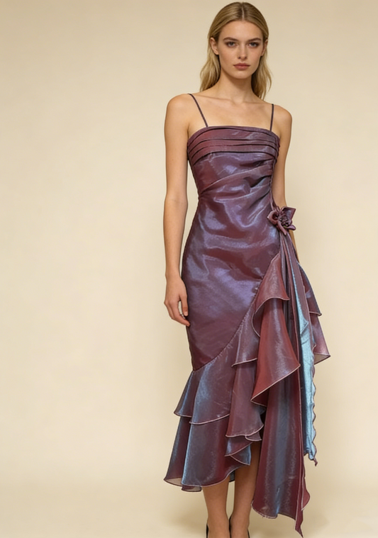 Vintage Spaghetti Straps Ruffles Sheath Long Prom Dress MD7284