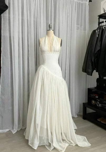 White Halter Neck A-Line Lace Long Party Dress Vintage Wedding Dress, D992