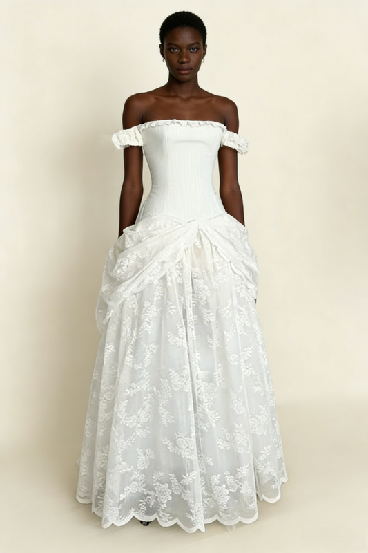 White Off Shoulder A-Line Lace Long Party Dress Vintage Wedding Dress  D989