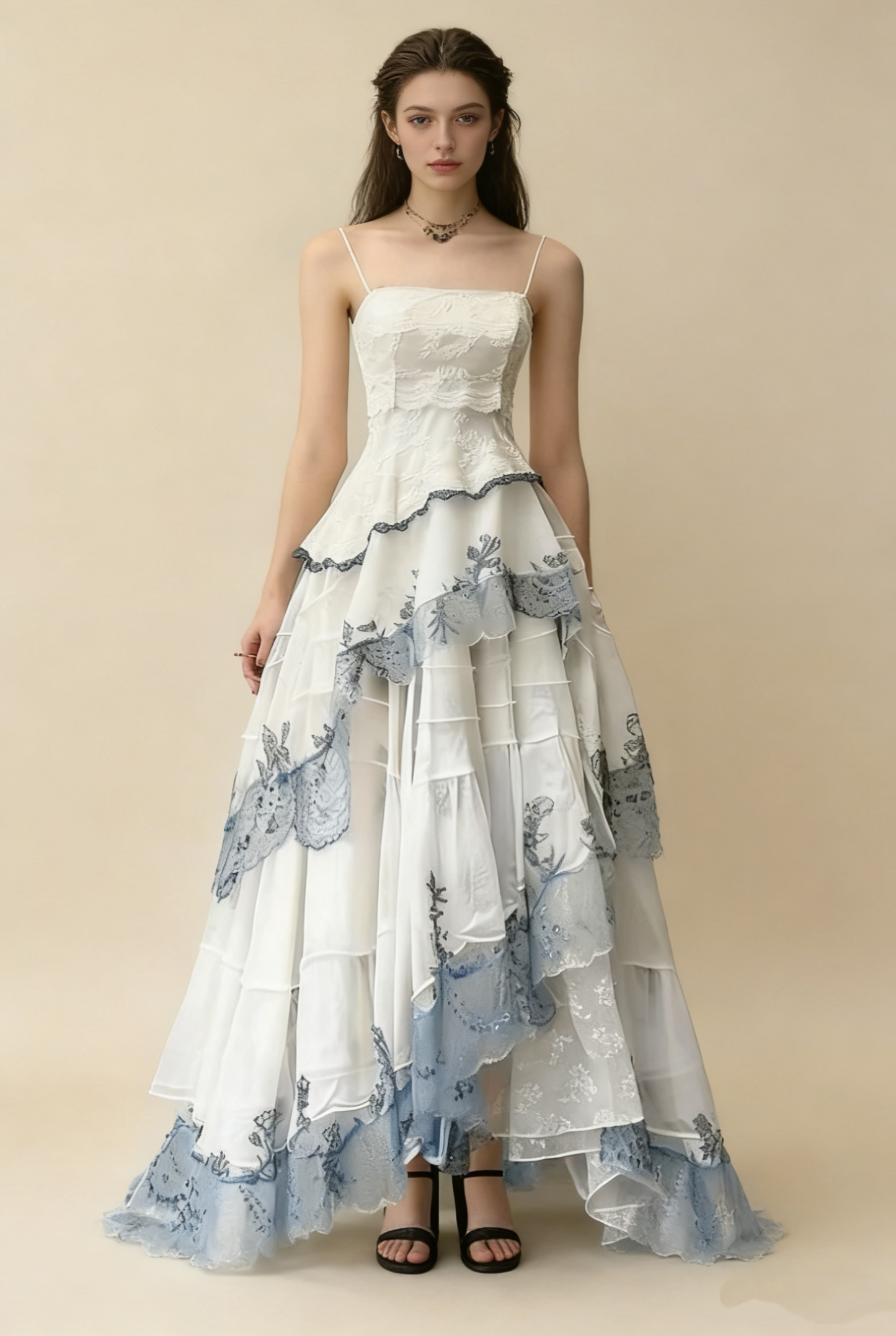 White Spaghetti Straps A-Line Lace Layers Formal Long Party Dresses, D1182