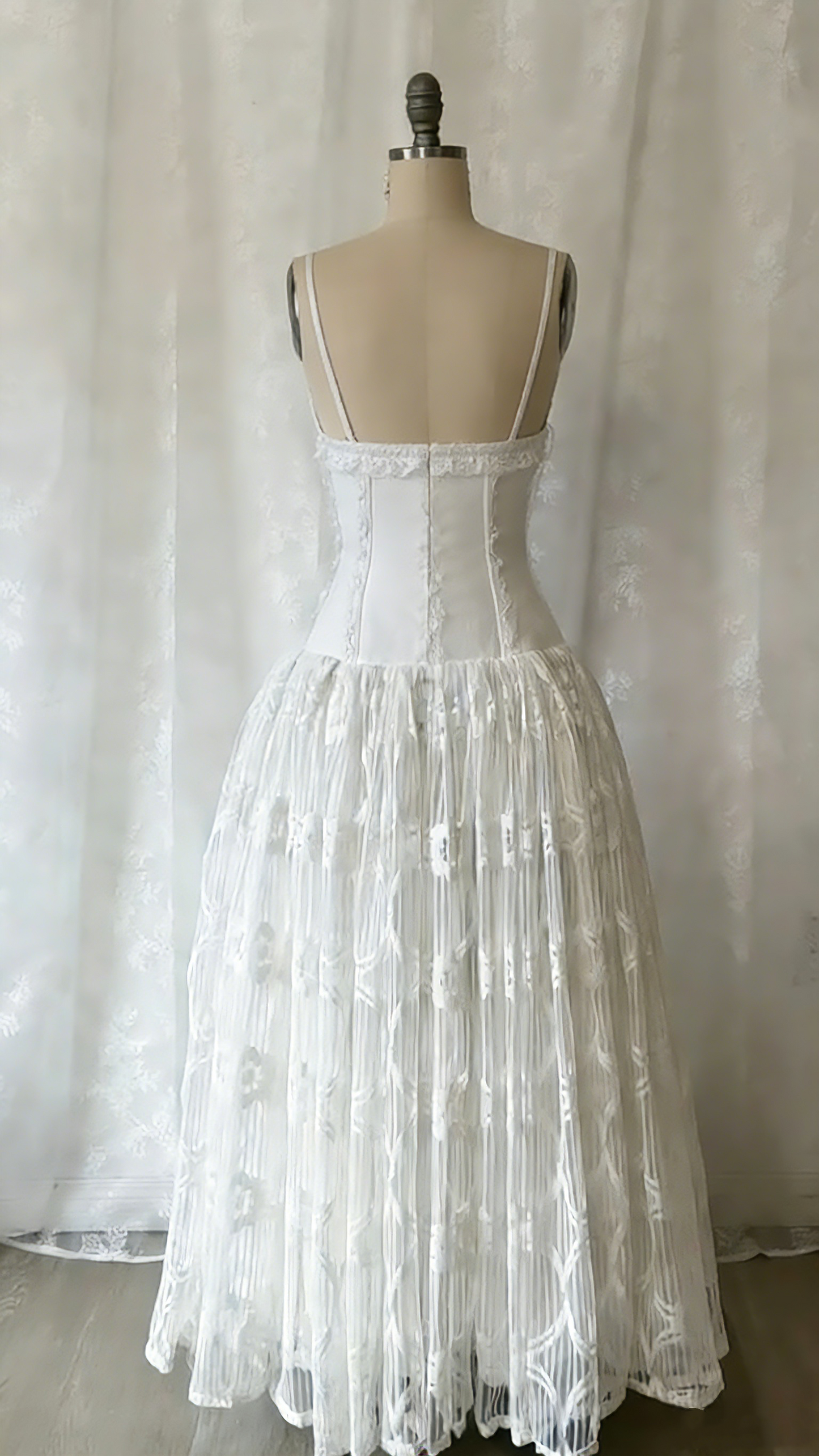 White Spaghetti Straps A-Line Lace Vintage Wedding Dress Long Party Dress , D997