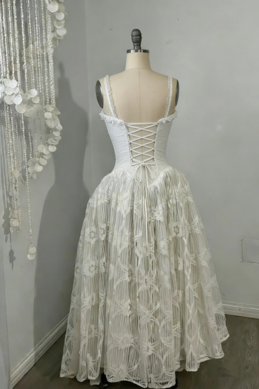 White Spaghetti Straps A-Line Lace Vintage Wedding Dress Long Party Dress, D999