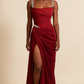 Wine Red Spaghetti Straps Sheath Long Evening Party Dress MD7367