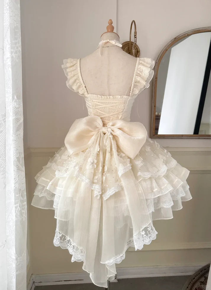Vintage Beige Sweetheart Bow Lace-up Design A-line Tulle Tiered Party Dress Homecoming Dress D1518