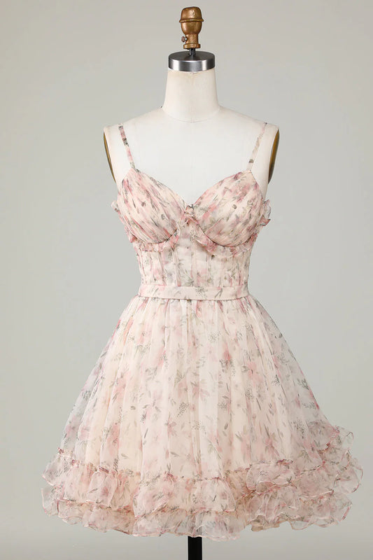 New Fashion Champagne Floral Design A-line Corset Spaghetti Strap Short Homecoming Dress, D1363