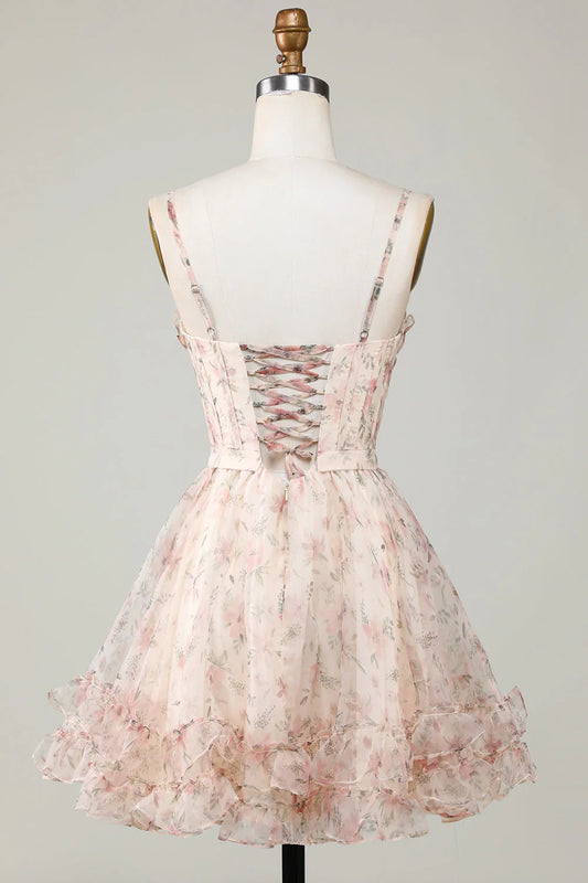 New Fashion Champagne Floral Design A-line Corset Spaghetti Strap Short Homecoming Dress, D1363