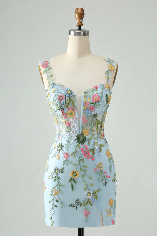 New Fashion Floral Embroidery Design A-line Strap Short Homecoming Dress, D1364