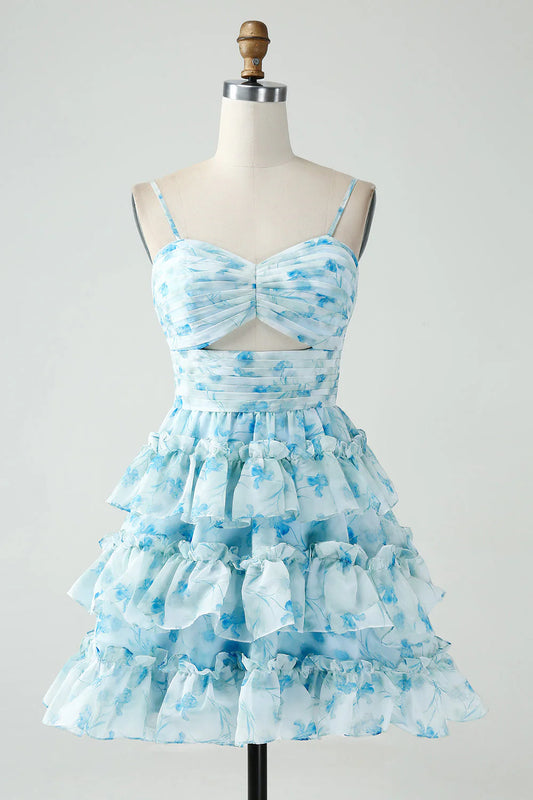 Vintage Light Blue Floral Design A-line Spaghetti Strap Tiered Homecoming Dress, D1365
