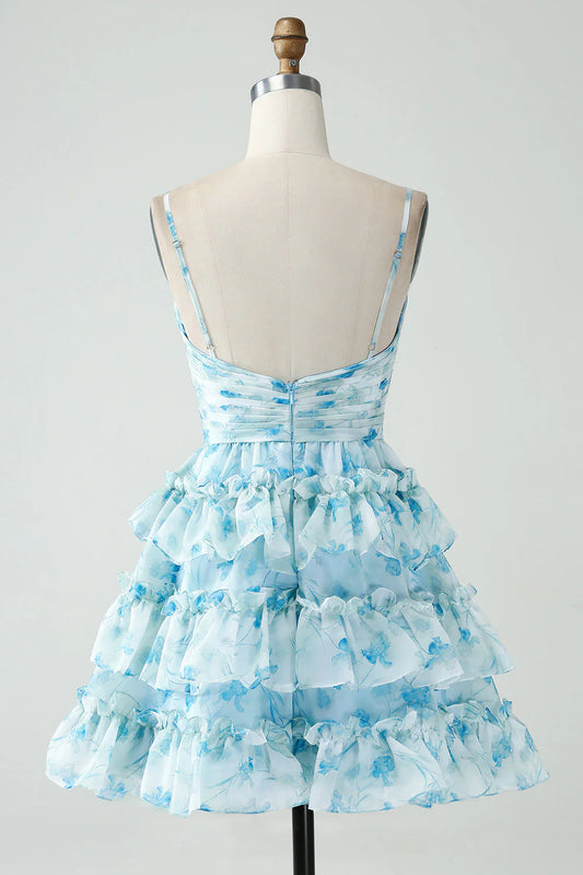 Vintage Light Blue Floral Design A-line Spaghetti Strap Tiered Homecoming Dress, D1365