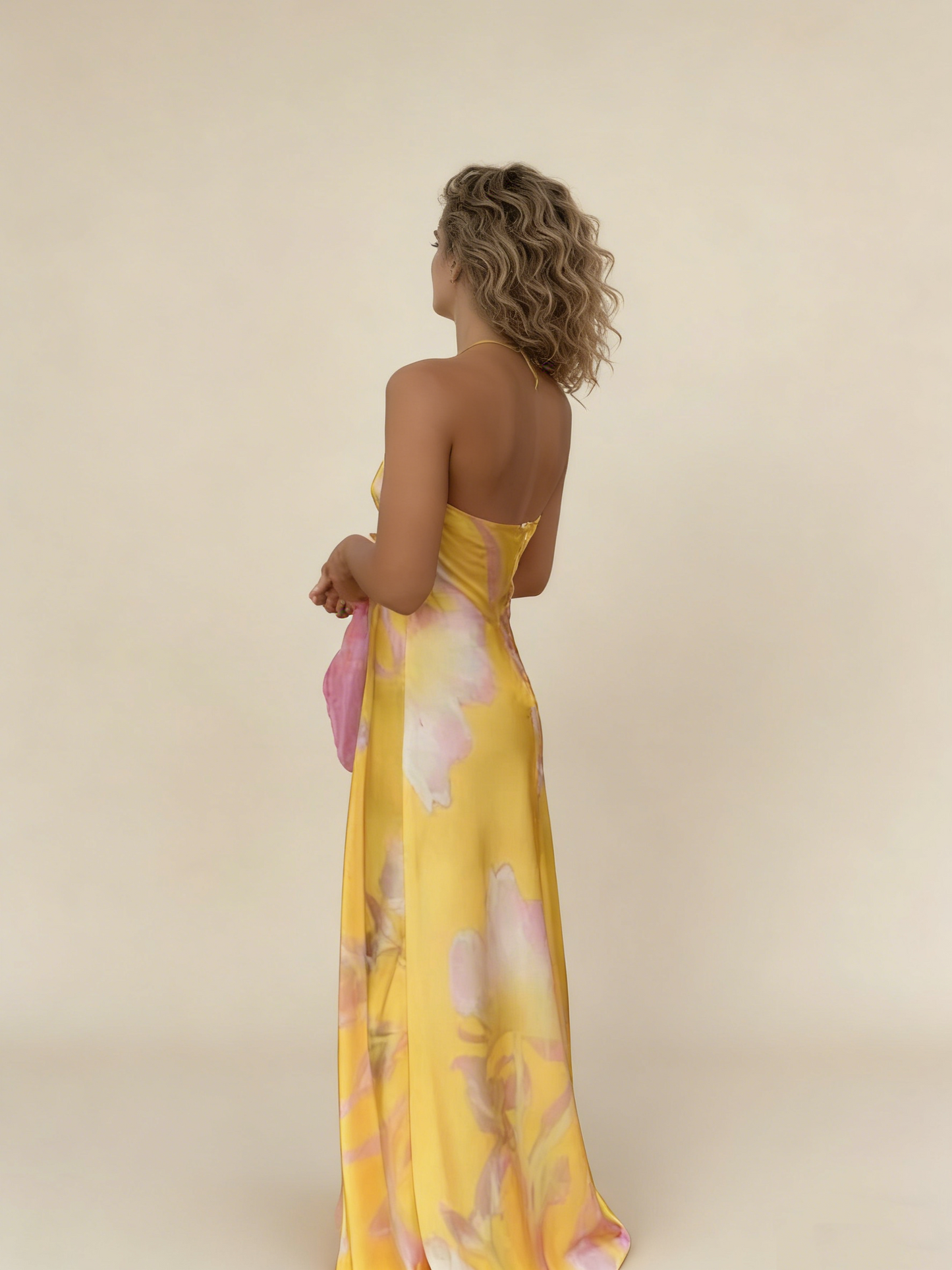 Yellow A-Line Halter Satin Long Party Dress Wedding Guest Dress, D187