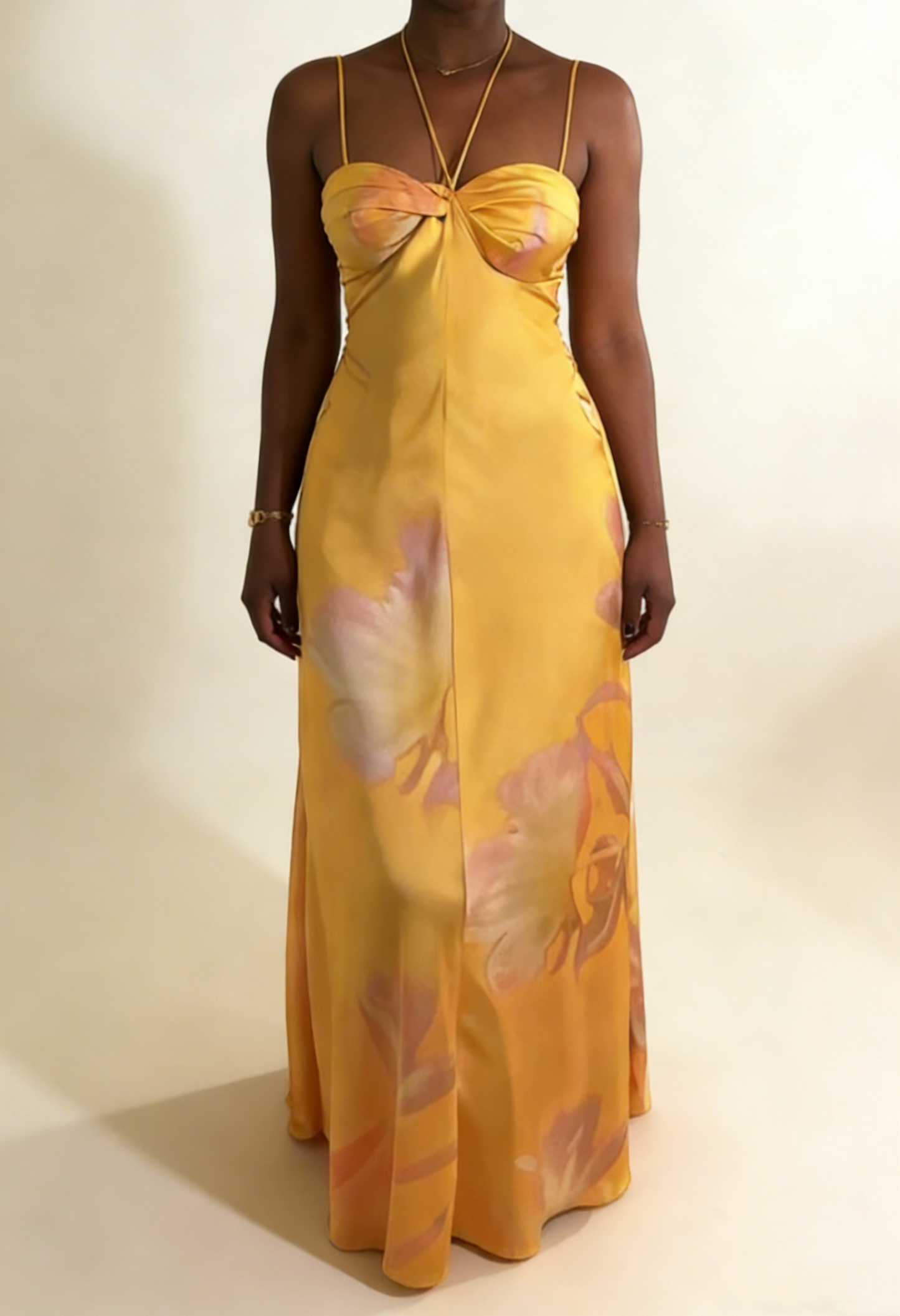Yellow A-Line Halter Satin Long Party Dress Wedding Guest Dress, D187