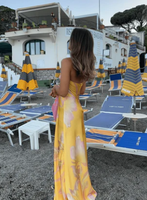 Yellow A-Line Halter Satin Long Party Dress Wedding Guest Dress, D187