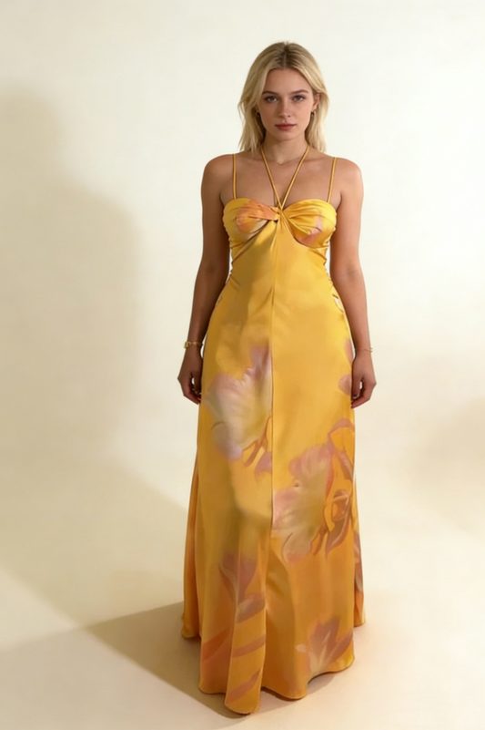 Yellow A-Line Halter Satin Long Party Dress Wedding Guest Dress, D187