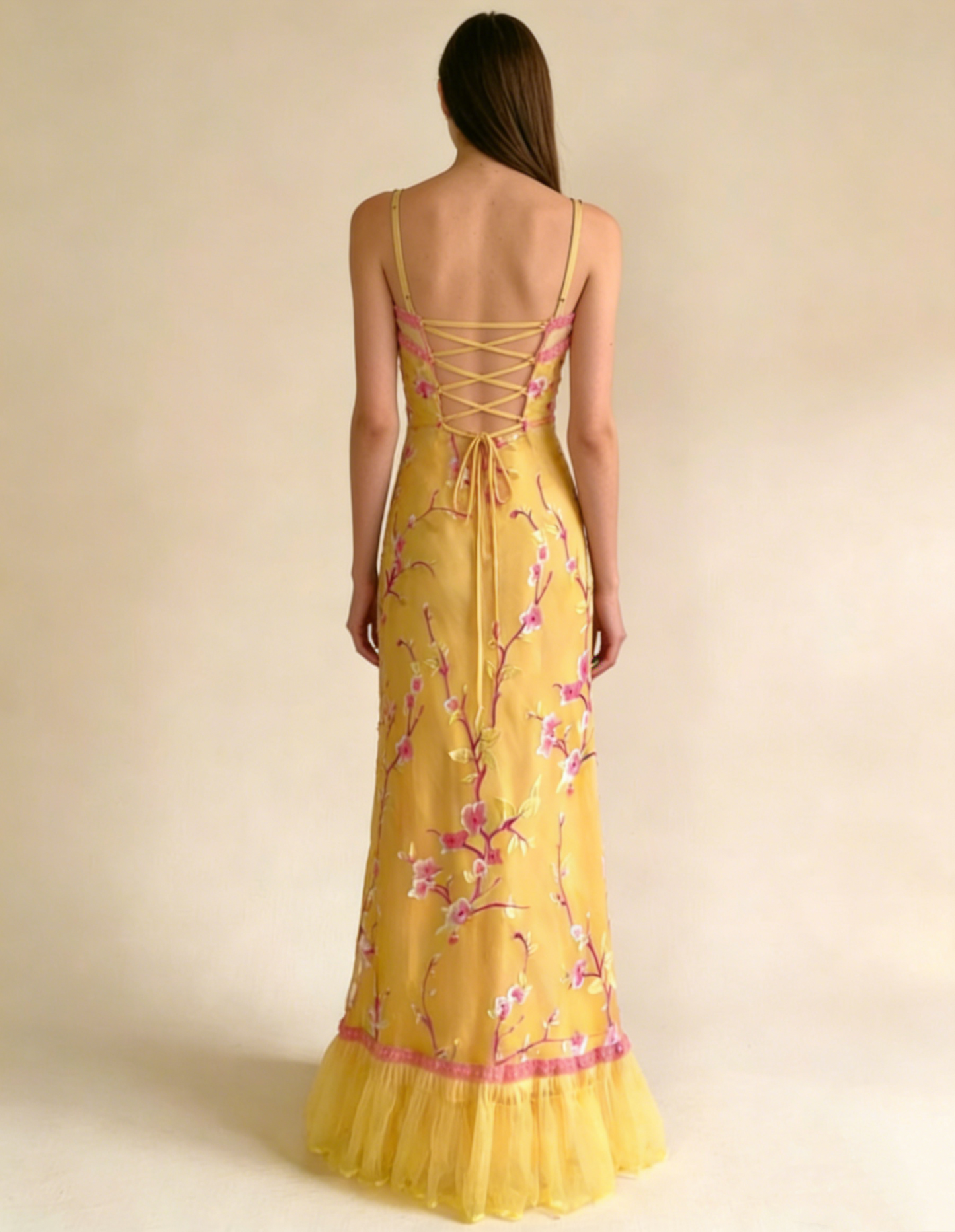 Vintage Yellow Straps Sheath Chiffon Long Evening Party Dress, D578