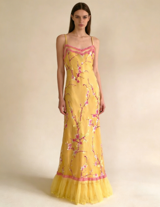 Yellow Spaghetti Straps Sheath Chiffon Long Party Dresses Wedding Guest Dresses, D1020