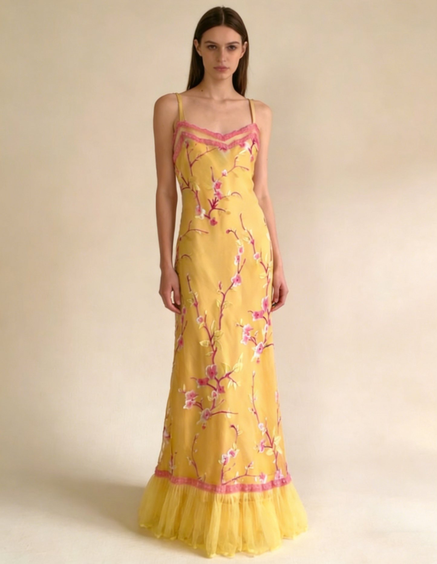Vintage Yellow Straps Sheath Chiffon Long Evening Party Dress, D578