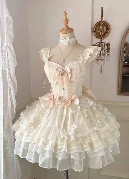Vintage Beige Sweetheart Bow Lace-up Design A-line Tulle Tiered Party Dress Homecoming Dress D1518