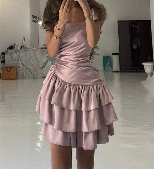 New Homecoming Dress One Shoulder Cascade Pleated Back to School Outfits Party Dress D7531