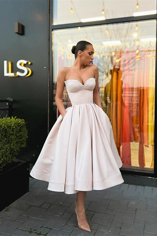 Retro Light Pink Sweetheart Strapless Design A-line Satin Party Dress Homecoming Dress D1535