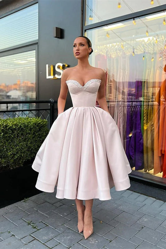Retro Light Pink Sweetheart Strapless Design A-line Satin Party Dress Homecoming Dress D1535