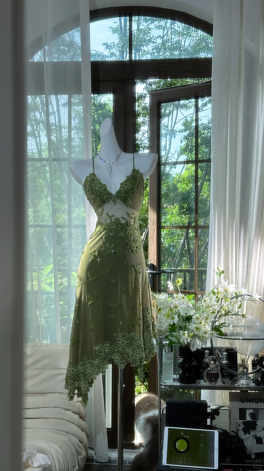 Retro Green Sequin Spaghetti Strap Romantic Shinny Chiffon Evening Dress Prom Dresses, D1458