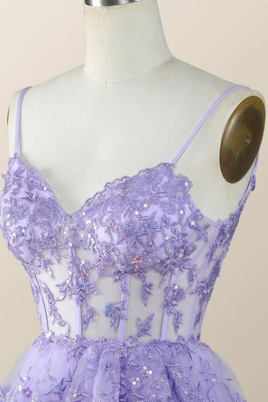 Vintage Purple Sequined Design A-line Spaghetti Strap Tiered Homecoming Dress, D1357