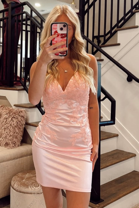 New Homecoming Dress V Neck Applique Back to School Outfits Party Dress D6926