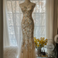 Elegant Mermaid Golden Sparkling Strapless Elegant Beaded Shinny Chiffon Evening Dress Prom Dress D1470