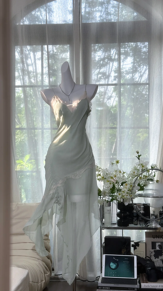 Vintage Mint Green Irregular Lace Hem Spaghetti Strap Design Chiffon Prom Dress Evening Dress D1703