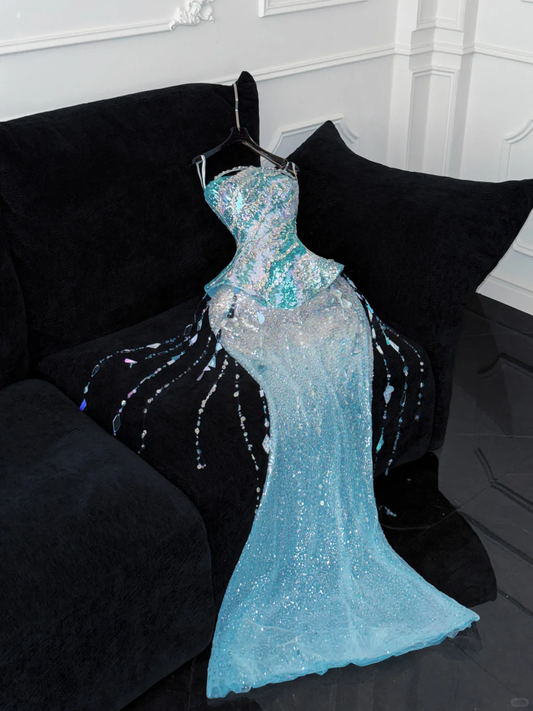 Gorgeous Sparkling Blue Sequin Beaded Mermaid Elegant Chiffon Evening Dress Prom Dresses D1629