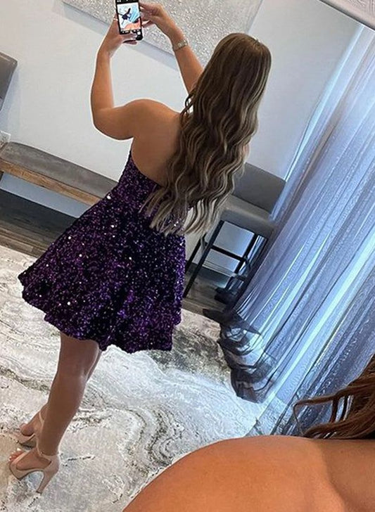 New Homecoming Dress Sweetheart Sequins Pleated Back to School Outfits Party Dress D6872