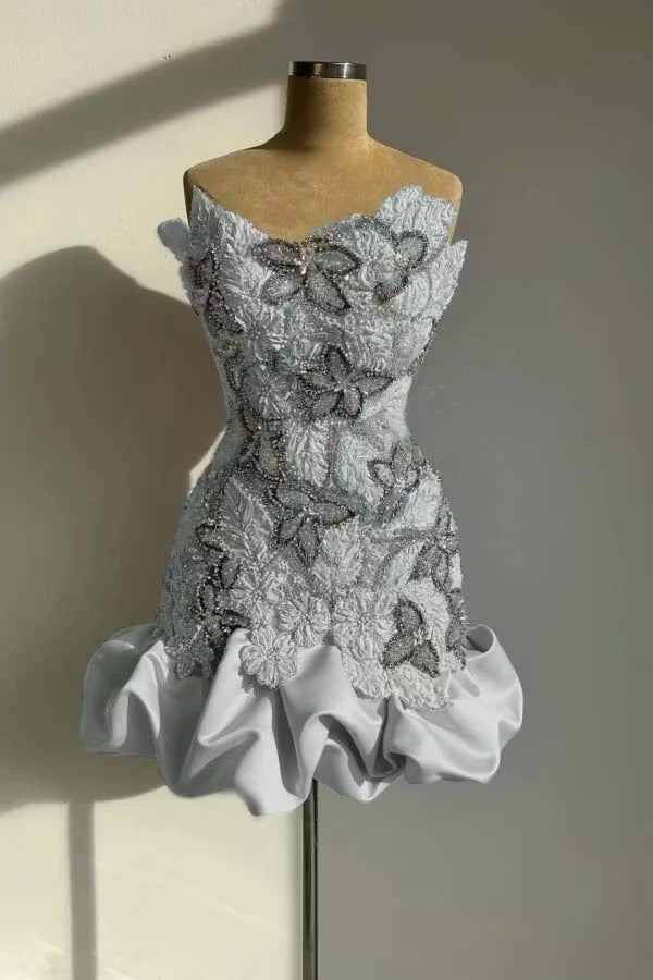 Chic Homecoming Dress Strapless Pleaed Beading Flower Rinestone Back to School Outfits Party Dress  D7400