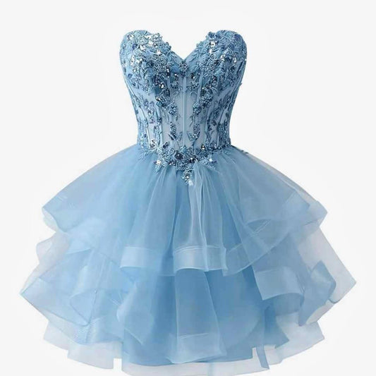 Unique Homecoming Dress Sweetheart Tulle Applique Bead Cascade Back to School Outfits Party Dress  D7744