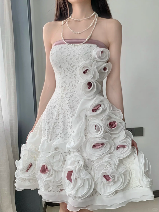 Vintage 3D Flowers Applique Strapless Design A-Line Short Homecoming Dress Party Dress D1668