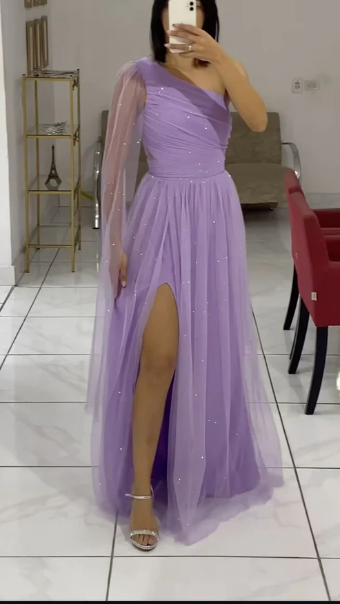 Black One Shoulder A-Line Tulle Long Formal Prom Dress MD7335