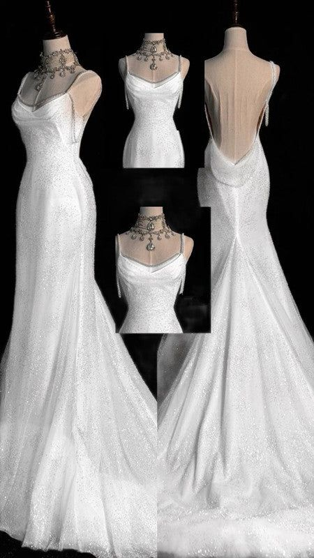Stunning White Backless Mermaid Shiny Party Gown Wedding Dress, MD7991