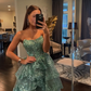 Glitter Blue Strapless A-Line Lace Tiered Long Prom Dress with Split MD7326