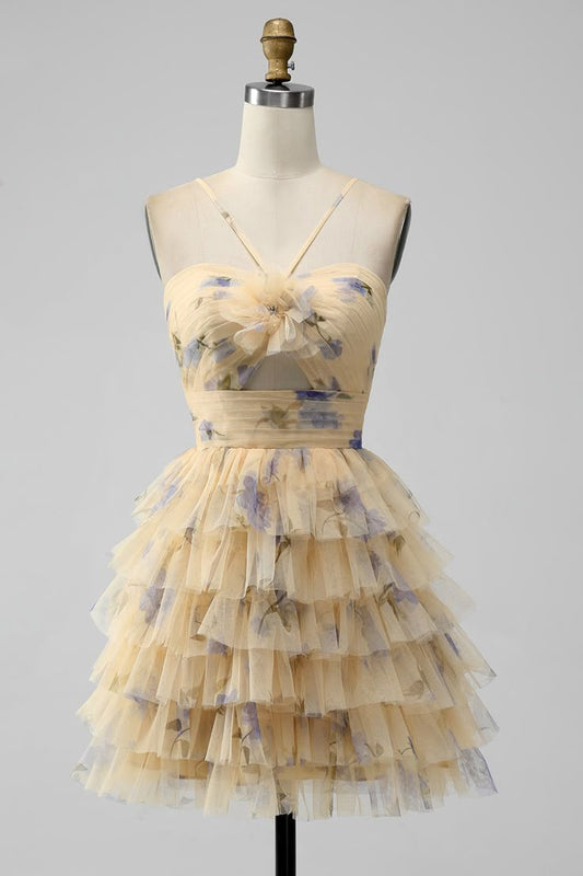 Vintage Yellow Floral Design A-line Spaghetti Strap Tiered Homecoming Dress, D1355