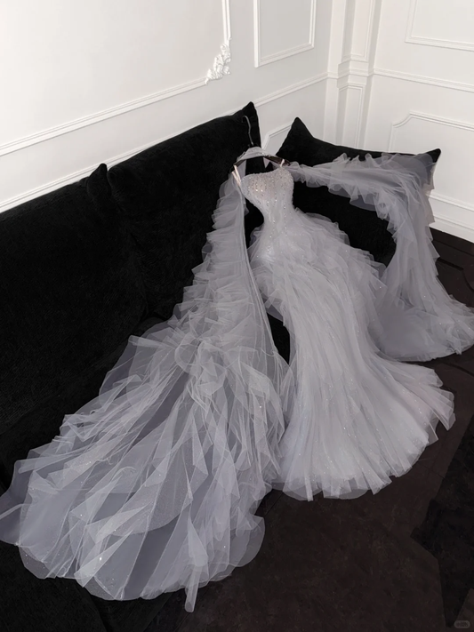 Fashion Sparkling White Beaded Sequin Mermaid Elegant Tulle Evening Dress Prom Dresses D1633