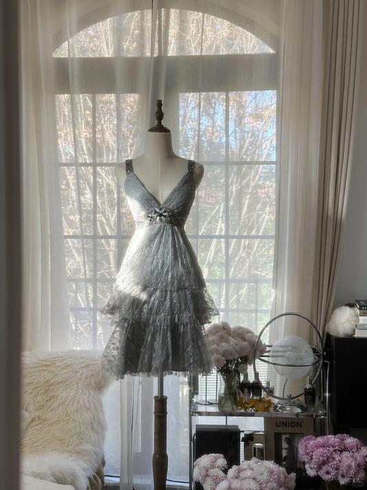 Retro Silvery V-neck Gorgeous Shinny Chiffon Tiered Evening Dress Prom Dress D1473