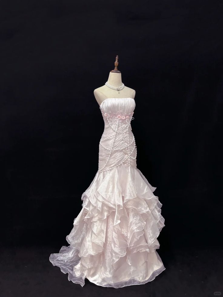 Pretty Prom Dress Strapless Pearl Pleated Cascade Flower Formal Dresses Evening Dress Gala Gown  D7386