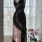 Retro Black V-neck Applique Design Romantic Chiffon Evening Dress Prom Dress  D1509