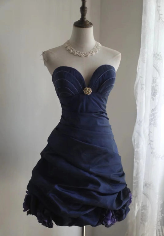 Vintage Navy Blue Sweetheart Design A-line Strapless Party Dresses Homecoming Dresses, D1346