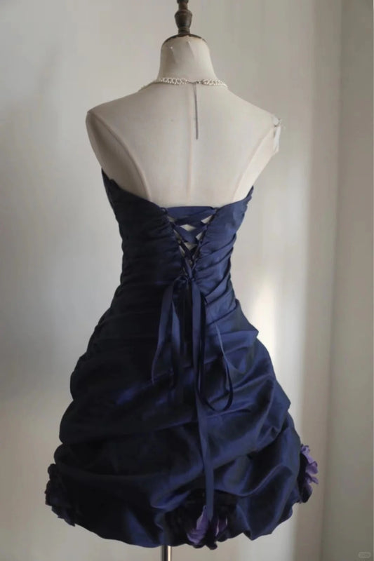 Vintage Navy Blue Sweetheart Design A-line Strapless Party Dresses Homecoming Dresses, D1346